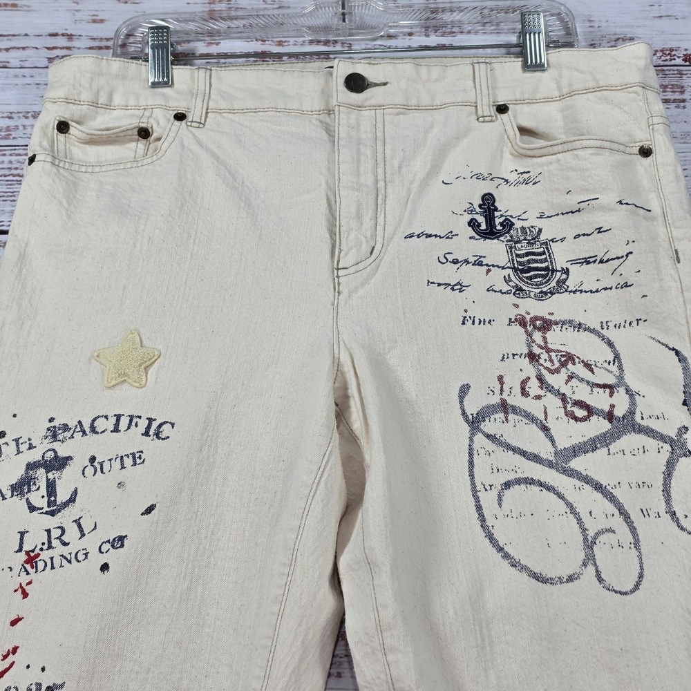 Lauren Ralph Lauren Jeans Womens 14 Cream Nautical Graphic Print Anchor Pants